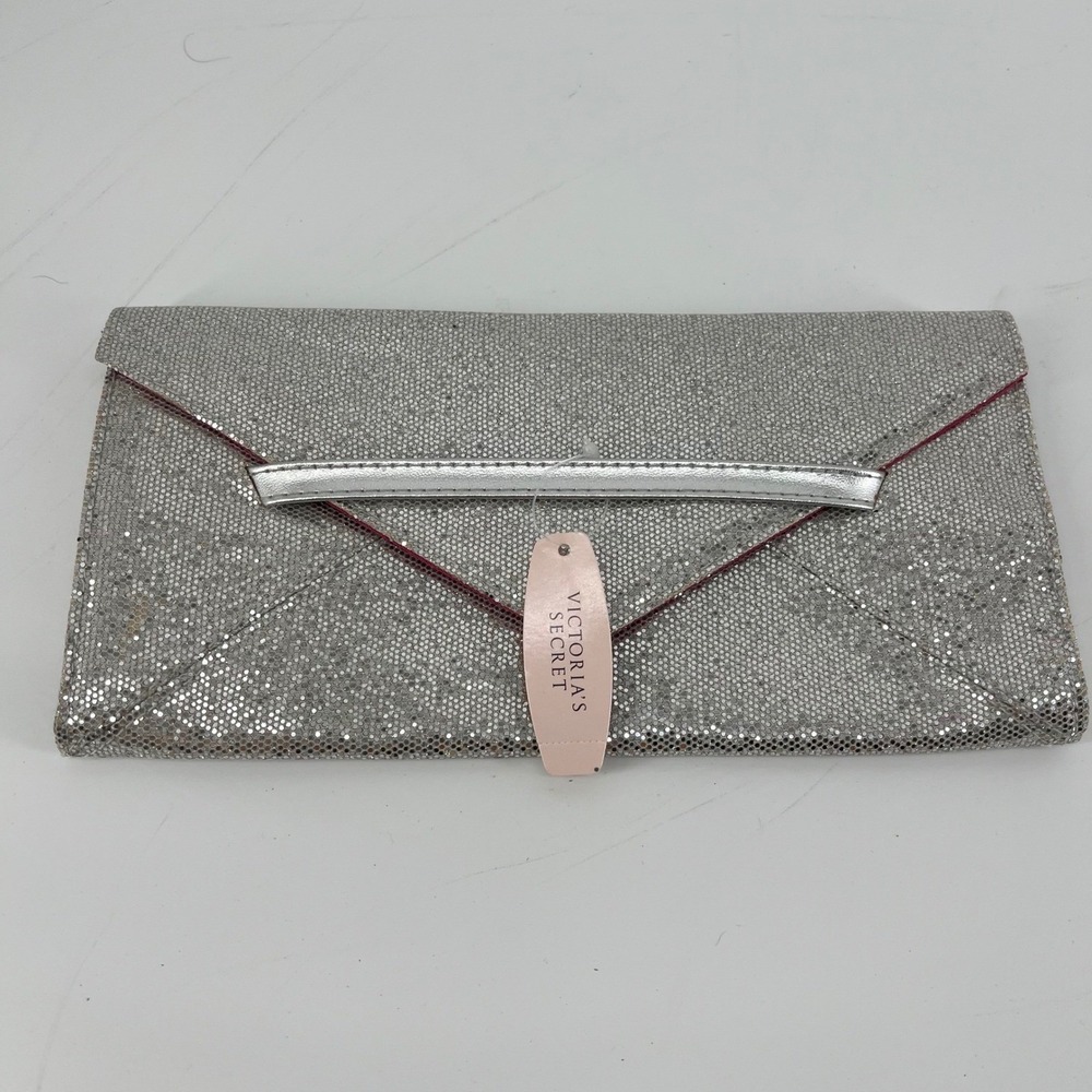 Victorias Secret Silver Glitter‎ Envelope Clutch Pink Lining Evening Bag